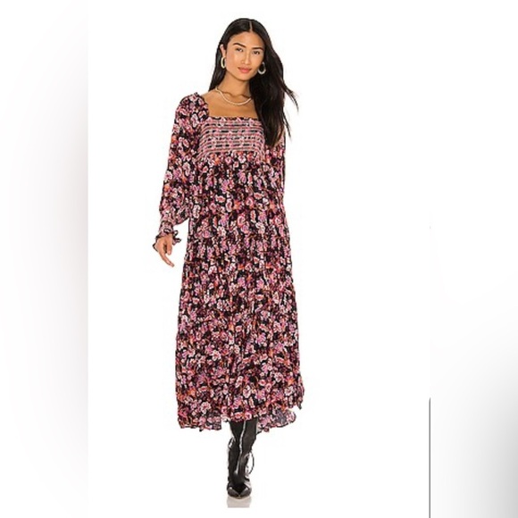 Free People Sweet Escape Floral Long Sleeve Boho Smocked Bodice Maxi Dress M - Picture 1 of 10